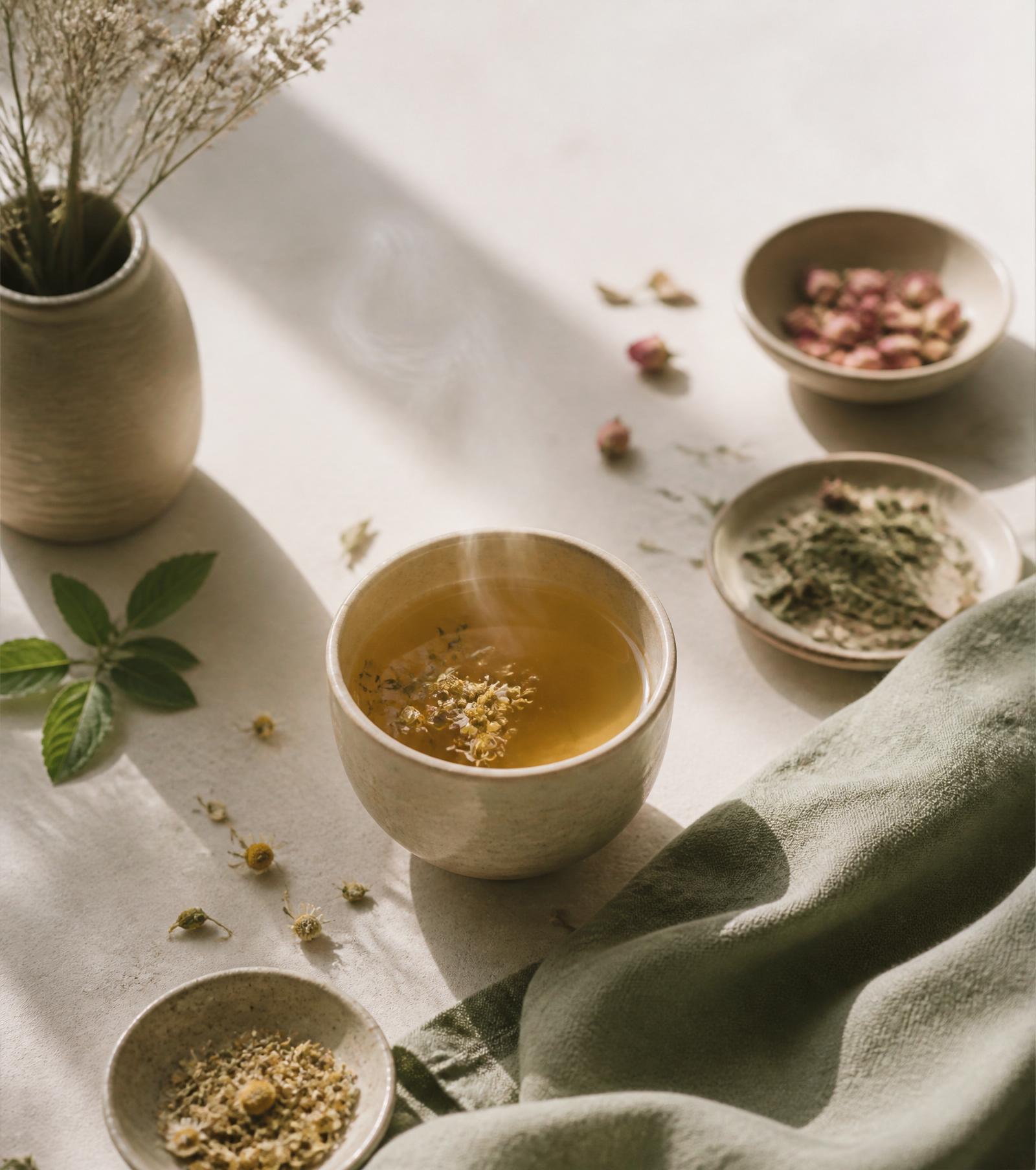 A ceramic cup of golden herbal infusion with dried botanicals in warm morning light